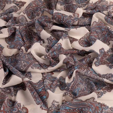 Tkanina Szyfon kremowy paisley błękitno-rdzawy na metry - szer. 150 cm - 90 g/m²