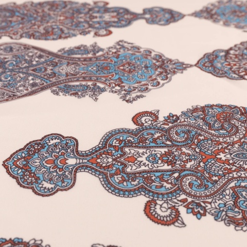 Tkanina Szyfon kremowy paisley błękitno-rdzawy na metry - szer. 150 cm - 90 g/m²