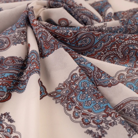 Tkanina Szyfon kremowy paisley błękitno-rdzawy na metry - szer. 150 cm - 90 g/m²