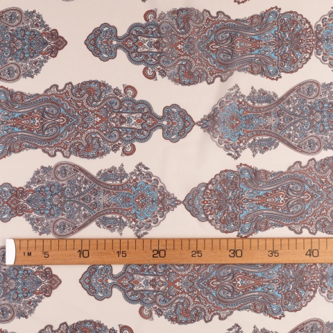 Tkanina Szyfon kremowy paisley błękitno-rdzawy na metry - szer. 150 cm - 90 g/m²