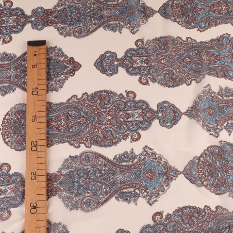 Tkanina Szyfon kremowy paisley błękitno-rdzawy na metry - szer. 150 cm - 90 g/m²