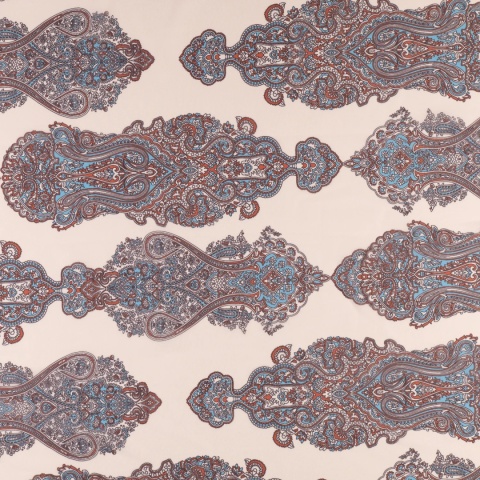 Tkanina Szyfon kremowy paisley błękitno-rdzawy na metry - szer. 150 cm - 90 g/m²