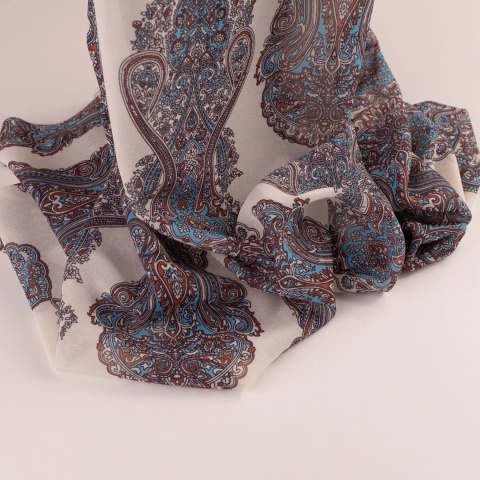 Tkanina Szyfon kremowy paisley błękitno-rdzawy na metry - szer. 150 cm - 90 g/m²