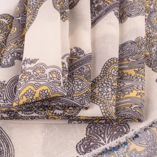 Tkanina Szyfon kremowy paisley szaro-musztardowy na metry - szer. 150 cm - 90 g/m²