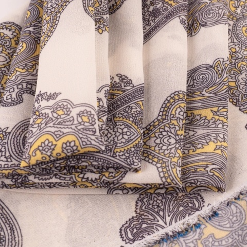 Tkanina Szyfon kremowy paisley szaro-musztardowy na metry - szer. 150 cm - 90 g/m²