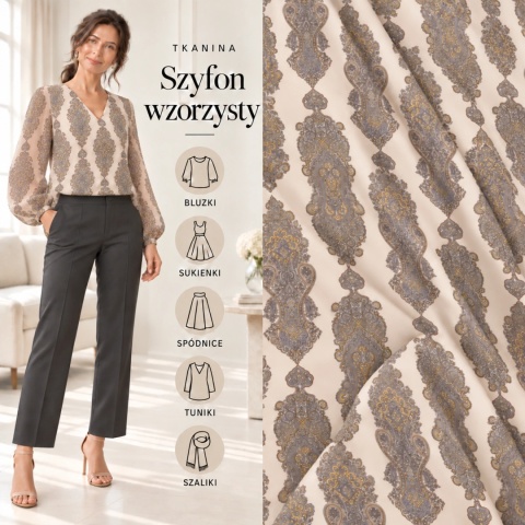 Tkanina Szyfon kremowy paisley szaro-musztardowy na metry - szer. 150 cm - 90 g/m²