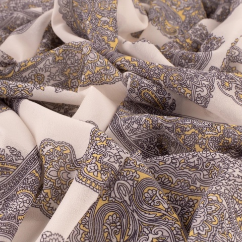 Tkanina Szyfon kremowy paisley szaro-musztardowy na metry - szer. 150 cm - 90 g/m²