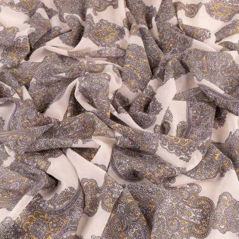 Tkanina Szyfon kremowy paisley szaro-musztardowy na metry - szer. 150 cm - 90 g/m²