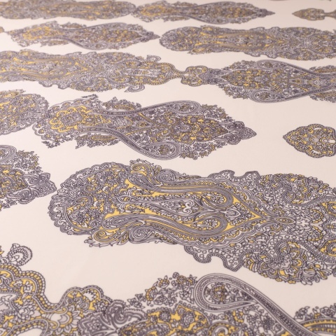 Tkanina Szyfon kremowy paisley szaro-musztardowy na metry - szer. 150 cm - 90 g/m²