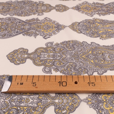 Tkanina Szyfon kremowy paisley szaro-musztardowy na metry - szer. 150 cm - 90 g/m²