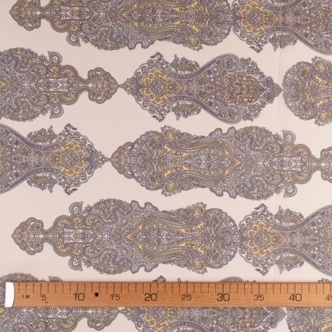 Tkanina Szyfon kremowy paisley szaro-musztardowy na metry - szer. 150 cm - 90 g/m²