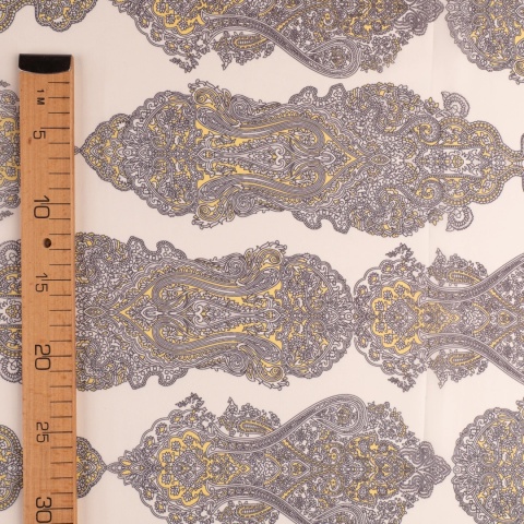 Tkanina Szyfon kremowy paisley szaro-musztardowy na metry - szer. 150 cm - 90 g/m²