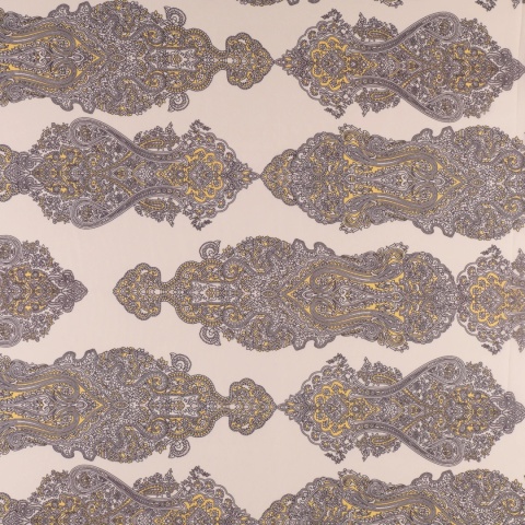 Tkanina Szyfon kremowy paisley szaro-musztardowy na metry - szer. 150 cm - 90 g/m²