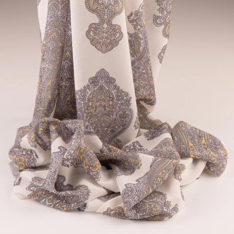 Tkanina Szyfon kremowy paisley szaro-musztardowy na metry - szer. 150 cm - 90 g/m²