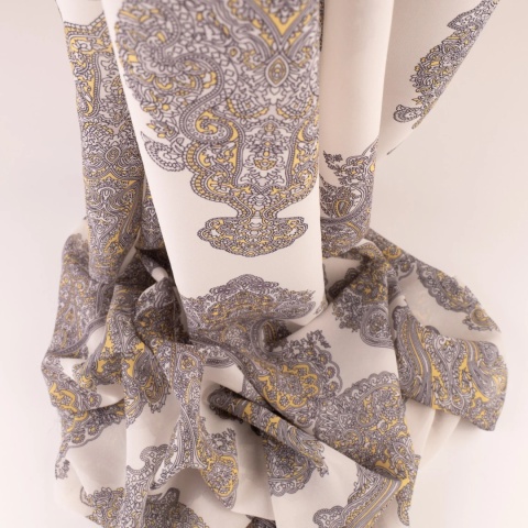 Tkanina Szyfon kremowy paisley szaro-musztardowy na metry - szer. 150 cm - 90 g/m²