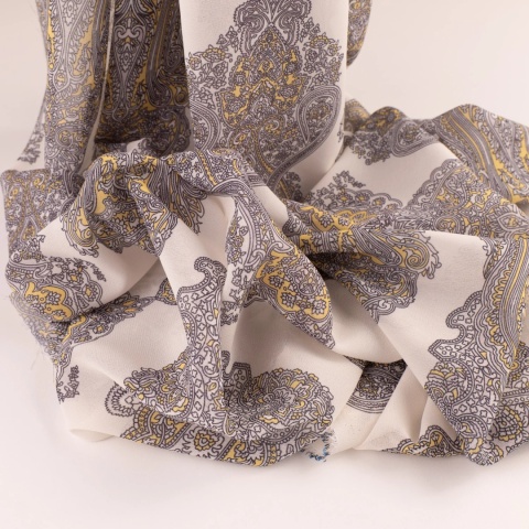 Tkanina Szyfon kremowy paisley szaro-musztardowy na metry - szer. 150 cm - 90 g/m²