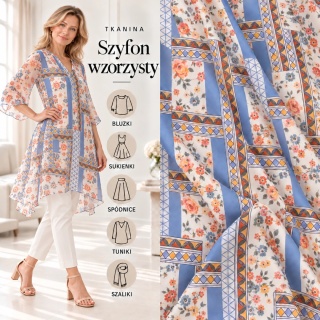 Tkanina Szyfon kremowy patchwork kwiatowo-geometryczny błękitny na metry - szer. 150 cm - 90 g/m²