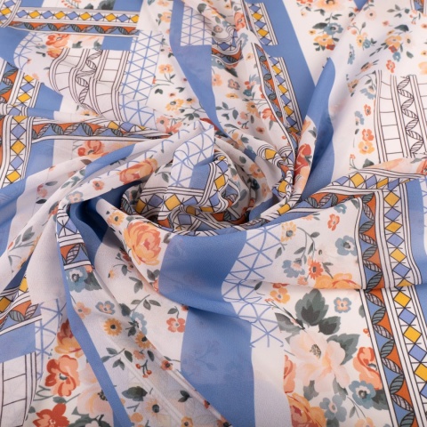 Tkanina Szyfon kremowy patchwork kwiatowo-geometryczny błękitny na metry - szer. 150 cm - 90 g/m²