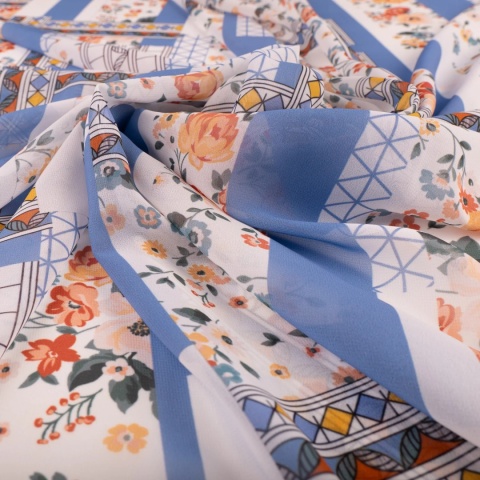 Tkanina Szyfon kremowy patchwork kwiatowo-geometryczny błękitny na metry - szer. 150 cm - 90 g/m²