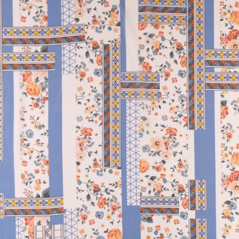 Tkanina Szyfon kremowy patchwork kwiatowo-geometryczny błękitny na metry - szer. 150 cm - 90 g/m²
