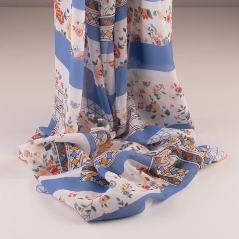 Tkanina Szyfon kremowy patchwork kwiatowo-geometryczny błękitny na metry - szer. 150 cm - 90 g/m²