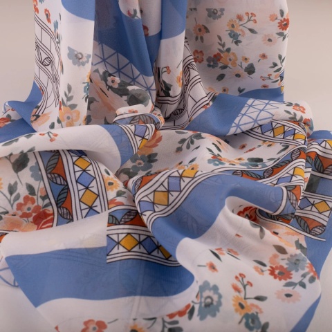 Tkanina Szyfon kremowy patchwork kwiatowo-geometryczny błękitny na metry - szer. 150 cm - 90 g/m²