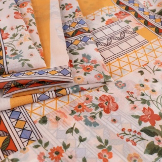 Tkanina Szyfon kremowy patchwork kwiatowo-geometryczny na metry - szer. 150 cm - 90 g/m²