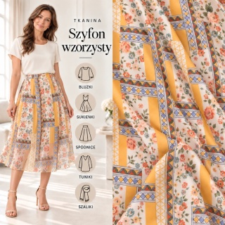 Tkanina Szyfon kremowy patchwork kwiatowo-geometryczny na metry - szer. 150 cm - 90 g/m²