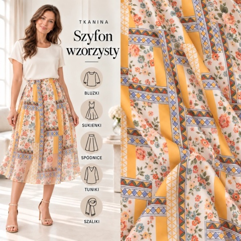 Tkanina Szyfon kremowy patchwork kwiatowo-geometryczny na metry - szer. 150 cm - 90 g/m²