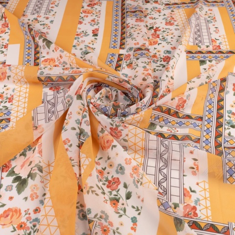Tkanina Szyfon kremowy patchwork kwiatowo-geometryczny na metry - szer. 150 cm - 90 g/m²