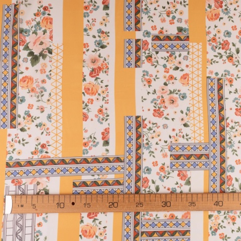 Tkanina Szyfon kremowy patchwork kwiatowo-geometryczny na metry - szer. 150 cm - 90 g/m²