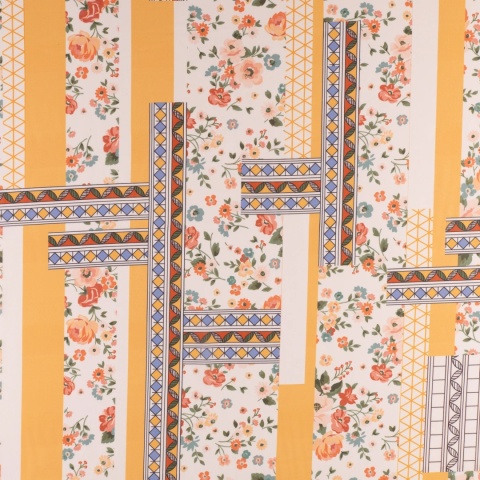 Tkanina Szyfon kremowy patchwork kwiatowo-geometryczny na metry - szer. 150 cm - 90 g/m²
