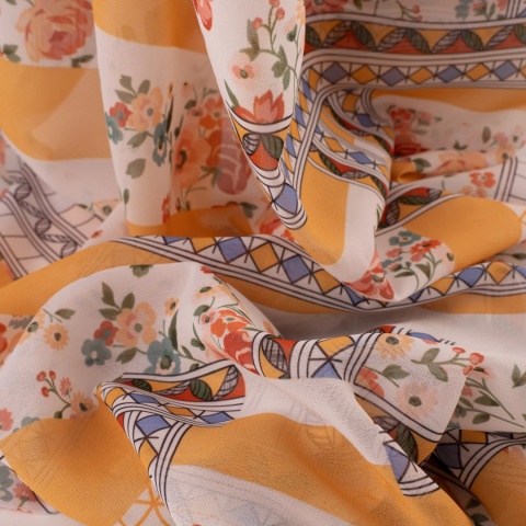 Tkanina Szyfon kremowy patchwork kwiatowo-geometryczny na metry - szer. 150 cm - 90 g/m²