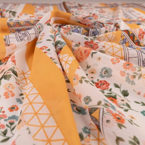 Tkanina Szyfon kremowy patchwork kwiatowo-geometryczny na metry - szer. 150 cm - 90 g/m²