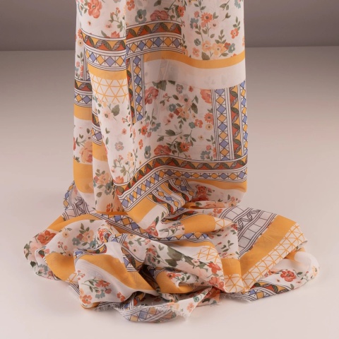 Tkanina Szyfon kremowy patchwork kwiatowo-geometryczny na metry - szer. 150 cm - 90 g/m²