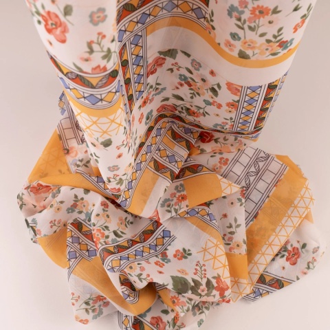 Tkanina Szyfon kremowy patchwork kwiatowo-geometryczny na metry - szer. 150 cm - 90 g/m²