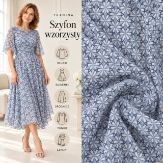 Tkanina Szyfon błękitno-granatowy w geometryczne rozety na metry - szer. 150 cm - 90 g/m²