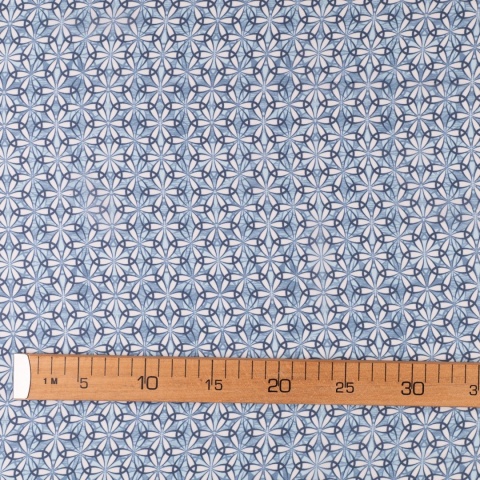 Tkanina Szyfon błękitno-granatowy w geometryczne rozety na metry - szer. 150 cm - 90 g/m²