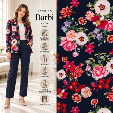 Tkanina Barbie granatowa w duże różowe, czerwone i białe kwiaty na metry - szer. 150 cm - 200 g/m²