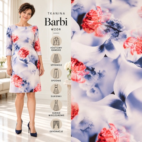 Tkanina Barbie jasnoróżowa w duże biało-granatowe i koralowe kwiaty na metry - szer. 150 cm - 200 g/m²