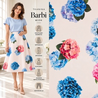 Tkanina Barbie jasnoróżowa w duże niebieskie i różowe hortensje na metry - szer. 150 cm - 200 g/m²