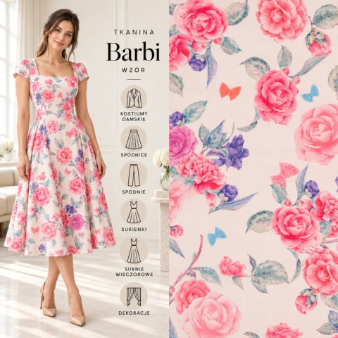 Tkanina Barbie jasnoróżowa w duże różowe róże i motyle na metry - szer. 150 cm - 200 g/m²