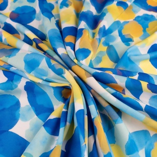 Tkanina Twill biała w duże niebieskie i żółte kwiaty akwarelowe na metry - szer. 150 cm - 180 g/m²