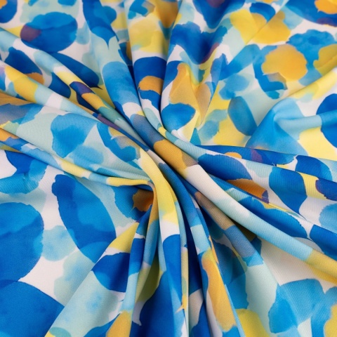 Tkanina Twill biała w duże niebieskie i żółte kwiaty akwarelowe na metry - szer. 150 cm - 180 g/m²