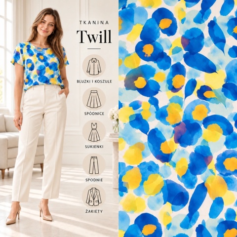 Tkanina Twill biała w duże niebieskie i żółte kwiaty akwarelowe na metry - szer. 150 cm - 180 g/m²