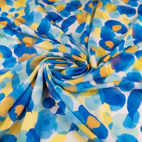 Tkanina Twill biała w duże niebieskie i żółte kwiaty akwarelowe na metry - szer. 150 cm - 180 g/m²