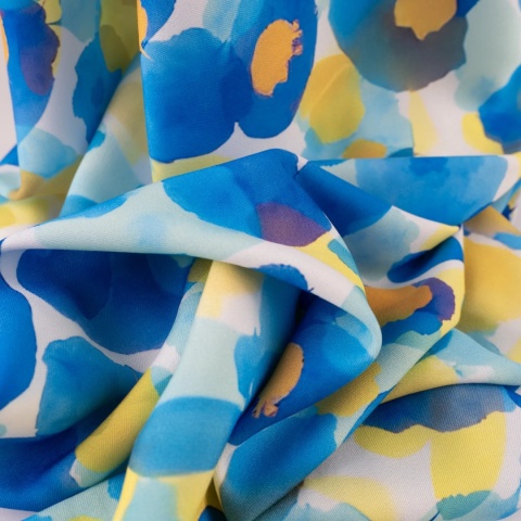 Tkanina Twill biała w duże niebieskie i żółte kwiaty akwarelowe na metry - szer. 150 cm - 180 g/m²