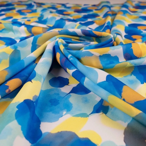 Tkanina Twill biała w duże niebieskie i żółte kwiaty akwarelowe na metry - szer. 150 cm - 180 g/m²