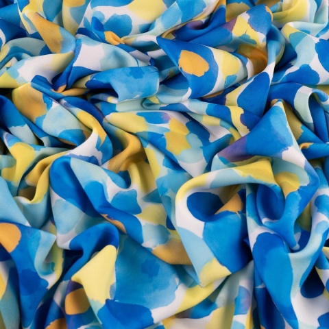 Tkanina Twill biała w duże niebieskie i żółte kwiaty akwarelowe na metry - szer. 150 cm - 180 g/m²