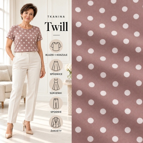 Tkanina Twill ciemnobeżowa w białe grochy na metry - szer. 150 cm - 180 g/m²